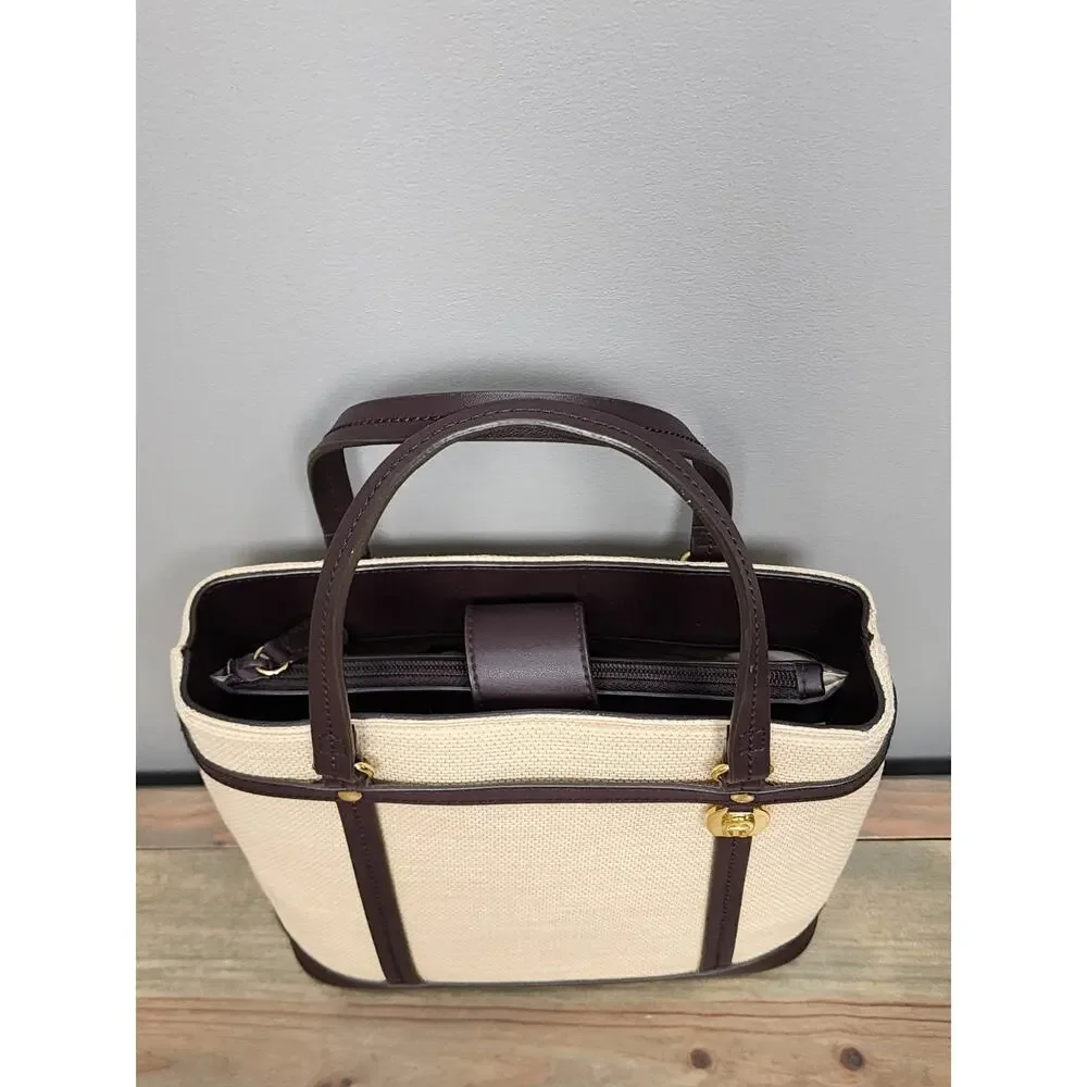 Vintage Etienne Aigner Brown Handbag Woven Basket fabric trim Leather Handbag